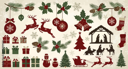 Christmas Ornaments, Gifts, Reindeer, Nativity Scene, Snowman, and Santa's Sleigh Illustrations