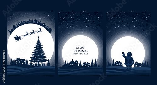 Christmas Silhouette Collection: Santa, Tree, and Village on Snowy Night Background