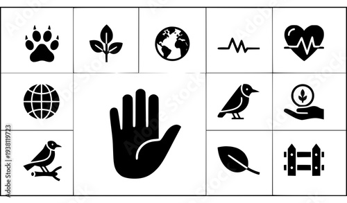 Minimal Nature and Ecology Icon Set – Hand, Leaf, Bird, Earth Globe and Heartbeat Line Black Glyph Symbols Vector