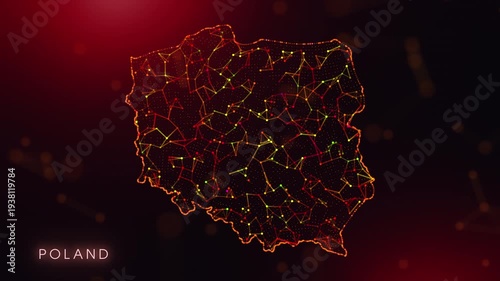 A dynamic motion video showcasing the Poland country border through a colorful plexus reveal. Glowing red and orange dots represent high-tech data communication and global digital networks.