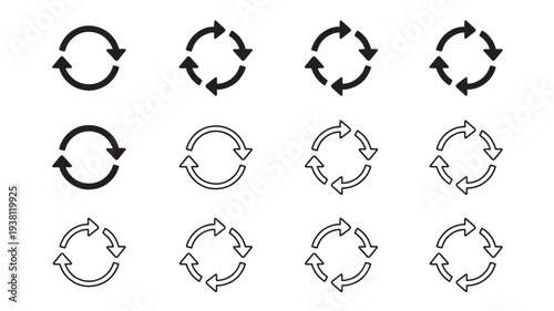 Arrows circular refresh icons with solid and outline styles presented in a grid layout featuring arrow, cycle, loop with repeat and rotation elements