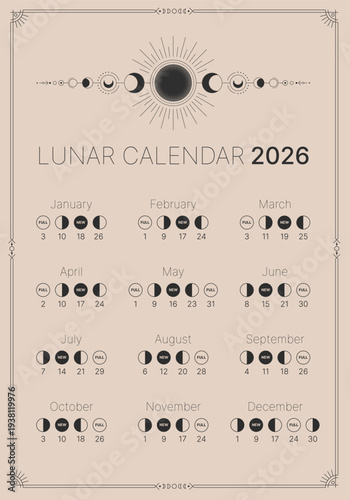 Lunar map for 2026. Astrological calendar banner, poster, card, lunar chart. Lunar Phase Calendar. Moon calendar on a dark blue background. Vector illustration of the lunar calendar.