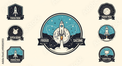 Space Rocket Launch Emblem Collection Vintage Style.