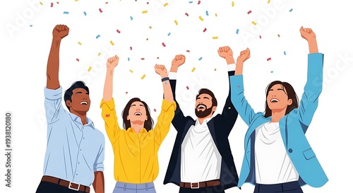 Wallpaper Mural Diverse group celebrates with arms raised, confetti falling, white background Torontodigital.ca