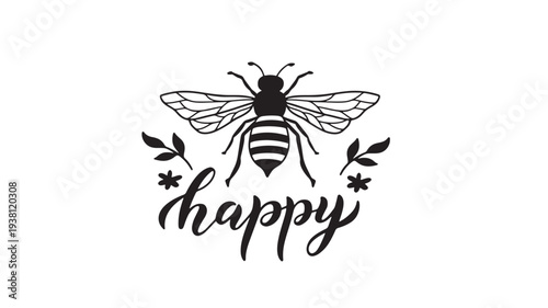Bee with outstretched wings and decorative leaves and flowers framing the word "happy" in a handwritten script.