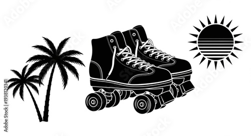 Retro roller skates with palm trees and sun graphic.
