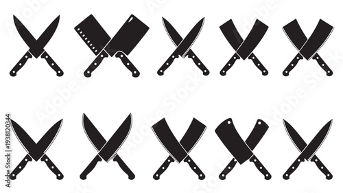 Knives crossed black silhouette set with kitchen cleavers and chef knives in graphic design style. featuring cleaver, cooking, chopping with sharp