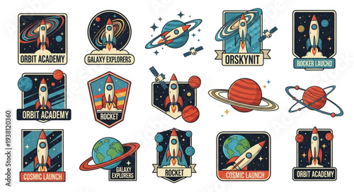 Collection of retro space mission badges and emblems.