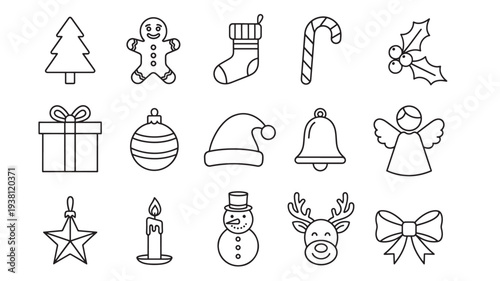 Christmas icons set featuring a tree, gingerbread man, stocking, candy cane, holly, gift, ornament, Santa hat, bell, angel, star, candle, snowman,