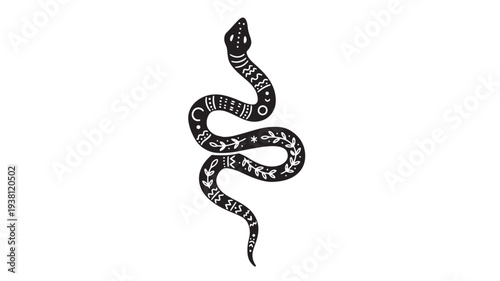 Snake with folk art patterns, moon phases, and floral motifs, intricately designed black silhouette on a white background.