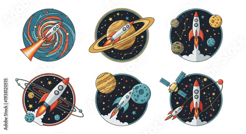 Collection of Retro Space Rockets and Planets in Circular Frames.