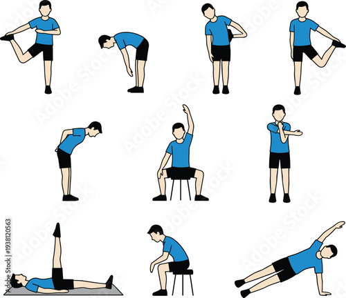Man performing various stretching exercises and bodyweight workout routines for home fitness and wellness concept
