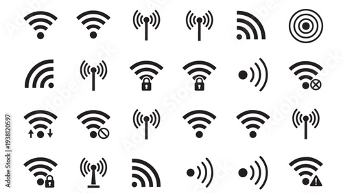 Wifi icons set with different signal strengths, locked, unlocked, and error indicators on a white background.