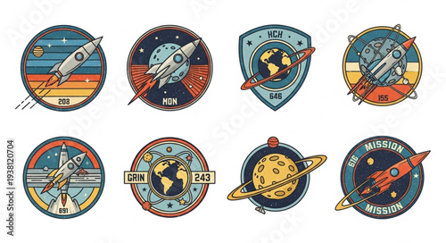 Collection of Retro Space Mission Patches and Emblems.