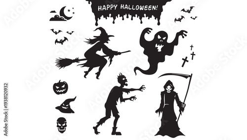 Halloween icons set with a witch, ghost, zombie, grim reaper, bats, pumpkin, skull, moon, and hats featuring night, spooky, scary with holiday and