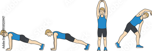 Instructional exercise set featuring male figure doing warm-up routines side planks and flexibility training for health apps