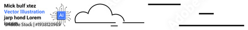 Cloud computing, artificial intelligence, innovation, data processing, digital transformation, technology advancement. Minimalist cloud and AI symbol with data lines. Cloud computing and artificial