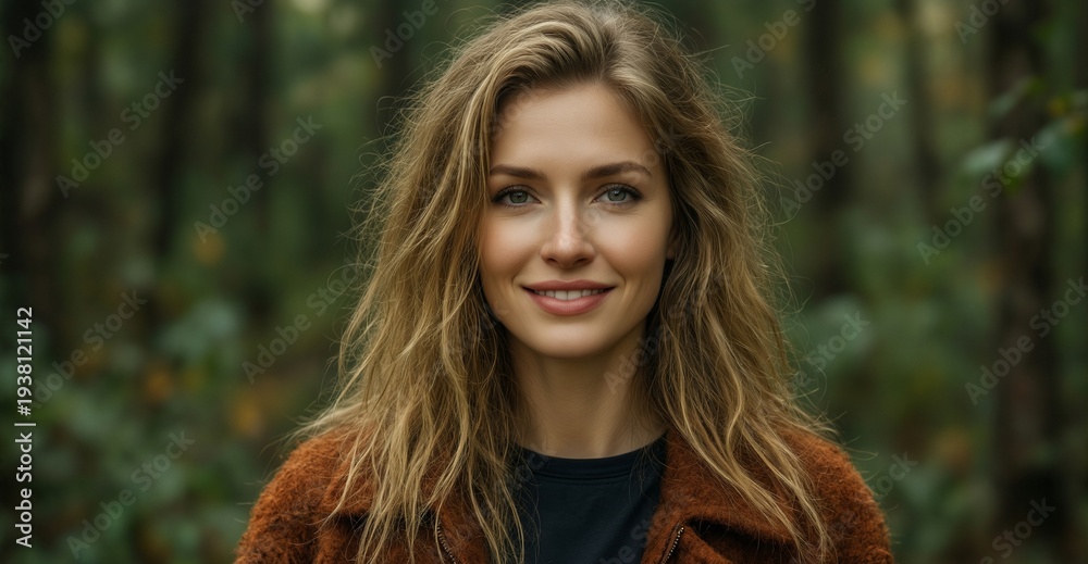 Fototapeta premium beautiful woman with long wavy hair smiling in autumn forest.