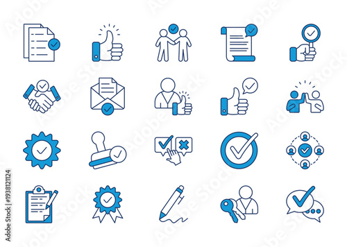 Approval thin blue icon set. Containing approval, thumbs up, agreement, validation, handshake, confirmation
