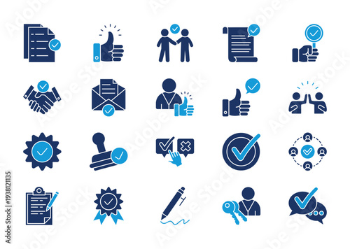 Approval thin solid icon set. Containing approval, thumbs up, agreement, validation, handshake, confirmation