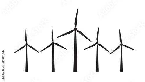 Wind turbines silhouettes with multiple sizes arranged on a plain white background for renewable energy concepts.