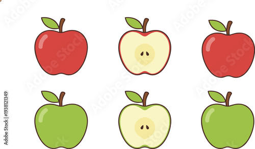 Flat vector illustration of fresh apples in red and green varieties isolated on white for healthy food themes