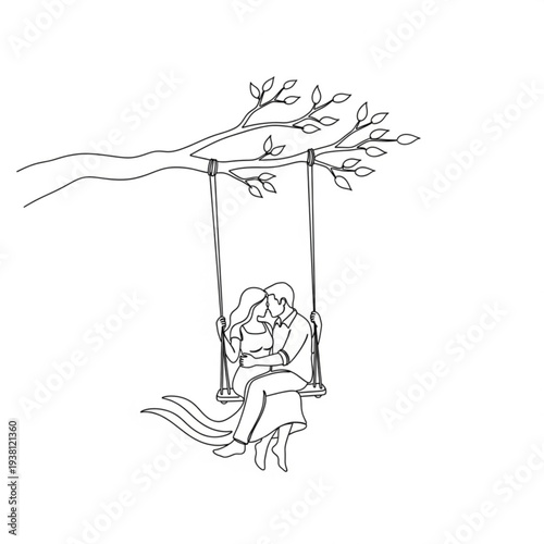 A romantic couple sitting on a swing hanging from a tree branch in a minimalist line art illustration