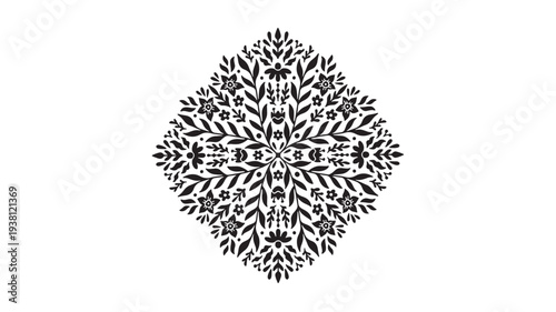 Mandala black floral pattern with leaves and small flowers, symmetrical design, isolated on white background