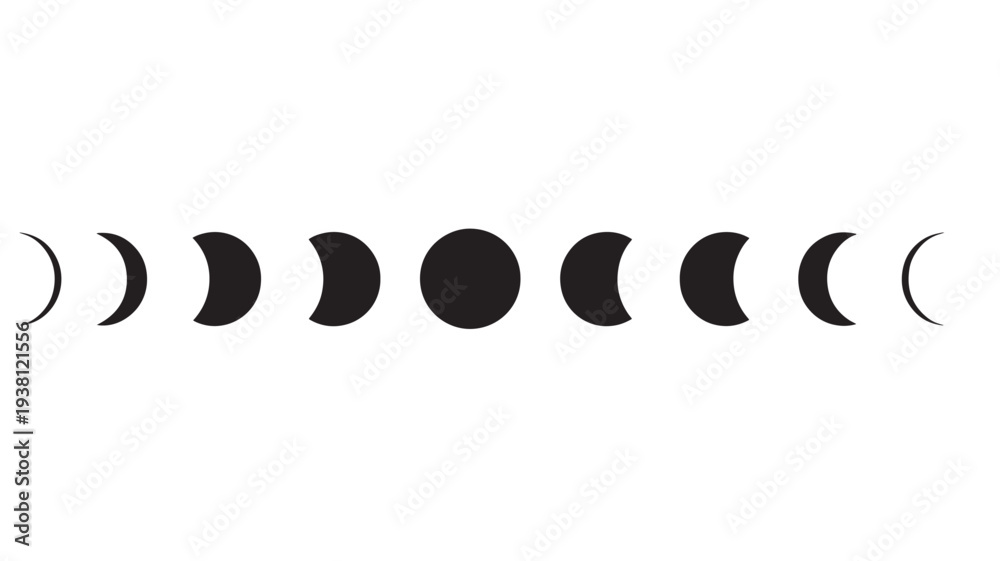 Obraz premium Moon phases sequence icon set with crescent waxing and waning illumination cycles featuring celestial, astronomy, lunar cycle with night sky and