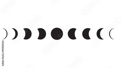 Moon phases sequence icon set with crescent waxing and waning illumination cycles featuring celestial, astronomy, lunar cycle with night sky and