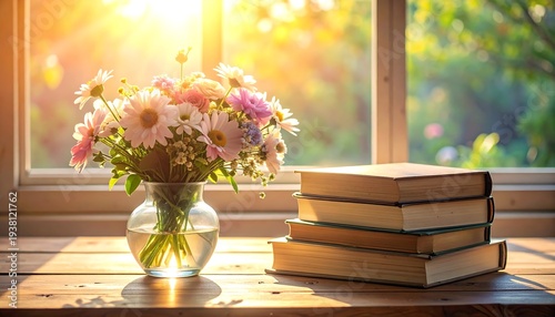 Sunlight streams through window, illuminating flowers in vase and stack of books on wooden table