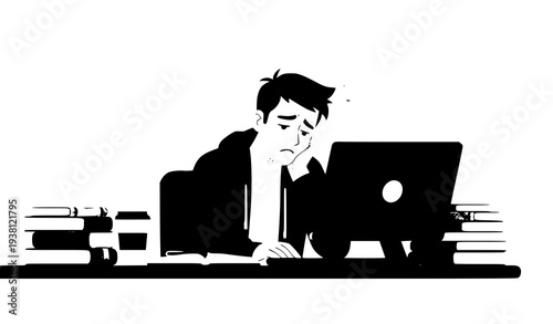 Frustrated student working on laptop at desk feeling stressed with homework education problem concept vector illustration isolated on white