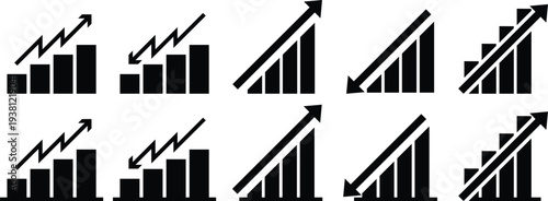 Business Growth Bar Chart Icon Set – Up and Down Arrow Analytics Symbols.