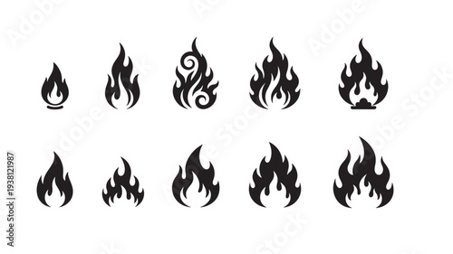 Flames black icons collection with various stylized fire shapes and sizes, suitable for graphic design.