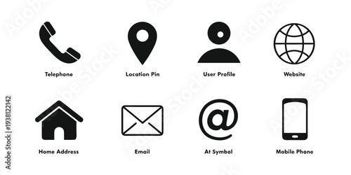 Contact icons telephone location user profile website email home mobile phone symbol vector graphic collection