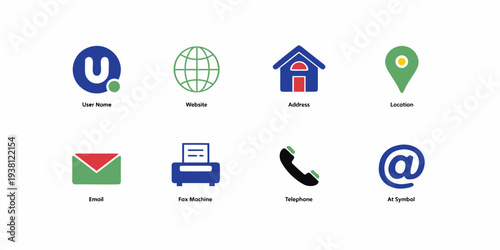 Contact icons username website address location email fax telephone at symbol vector colorful set