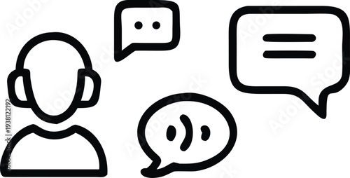 Illustration of support person with headset surrounded by speech bubbles representing customer service and communication