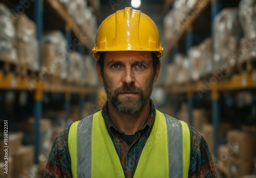 serious warehouse worker in safety vest and helmet looking at camera.