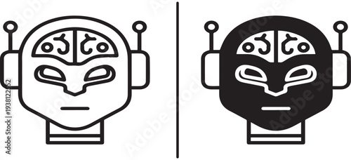 A black and white illustration of two robotic heads with brain designs