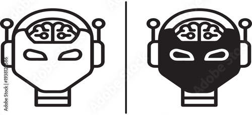 A black and white illustration of robotic heads with exposed brains