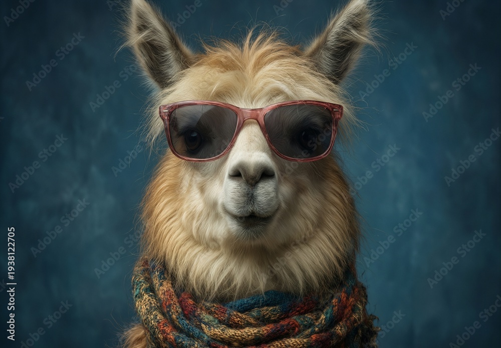 Fototapeta premium cool llama wearing sunglasses and a colorful knitted scarf, portrait.