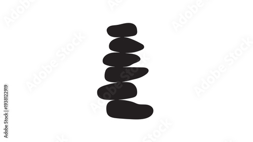 Stack of six smooth black river stones balanced vertically on a white background, representing harmony and nature.