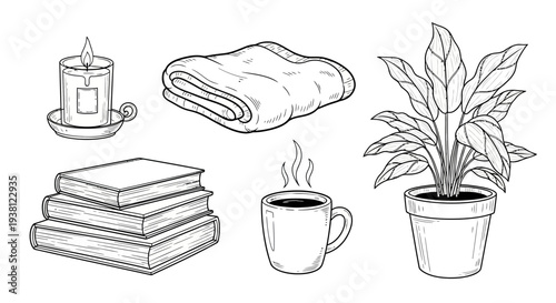 Cozy home relaxation and reading doodle set with plant books and coffee