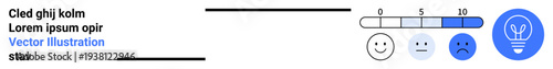 Feedback systems, emotional evaluation, decision-making, mental health, user satisfaction, self-assessment. Numeric scale with happy icons and lightbulb. Emotional evaluation and feedback systems