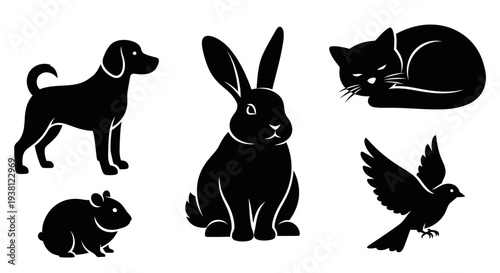 Domestic animal and pet black silhouette set with dog cat rabbit and bird