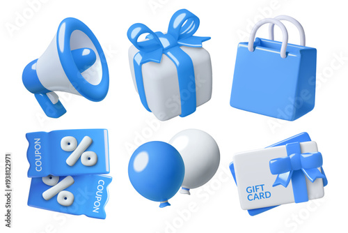 3d Shopping icons collection including blue gift card, discount coupons, megaphone, paper bag, gift box and balloons. Cute holiday sale vector illustrations isolated on white background.