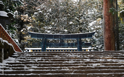 Torii gate at Toshogu Shrine in Nikko, Japan, during winter