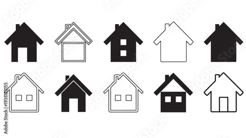 Houses simplistic black and white icons showing various design elements for residential buildings. featuring house, home, icon with symbol and
