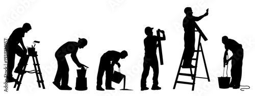 People silhouettes, man are doing construction and repair. Vector illustration	
