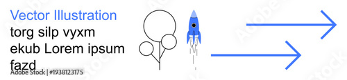 Space exploration, innovation, forward direction, progress, creativity, technology. Rocket launching with abstract balloons and directional arrows. Space exploration and innovation concepts